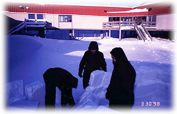 Mixing science, fun, and survival knowledge, Barrow High School students build igloos and snow shelters during a North Slope science class.