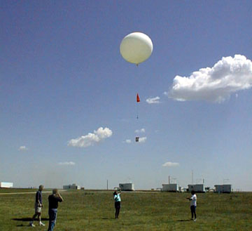 ...letting go of the balloon with the ozonesonde attached, Mark assisting, Bryan and Ian to the left.